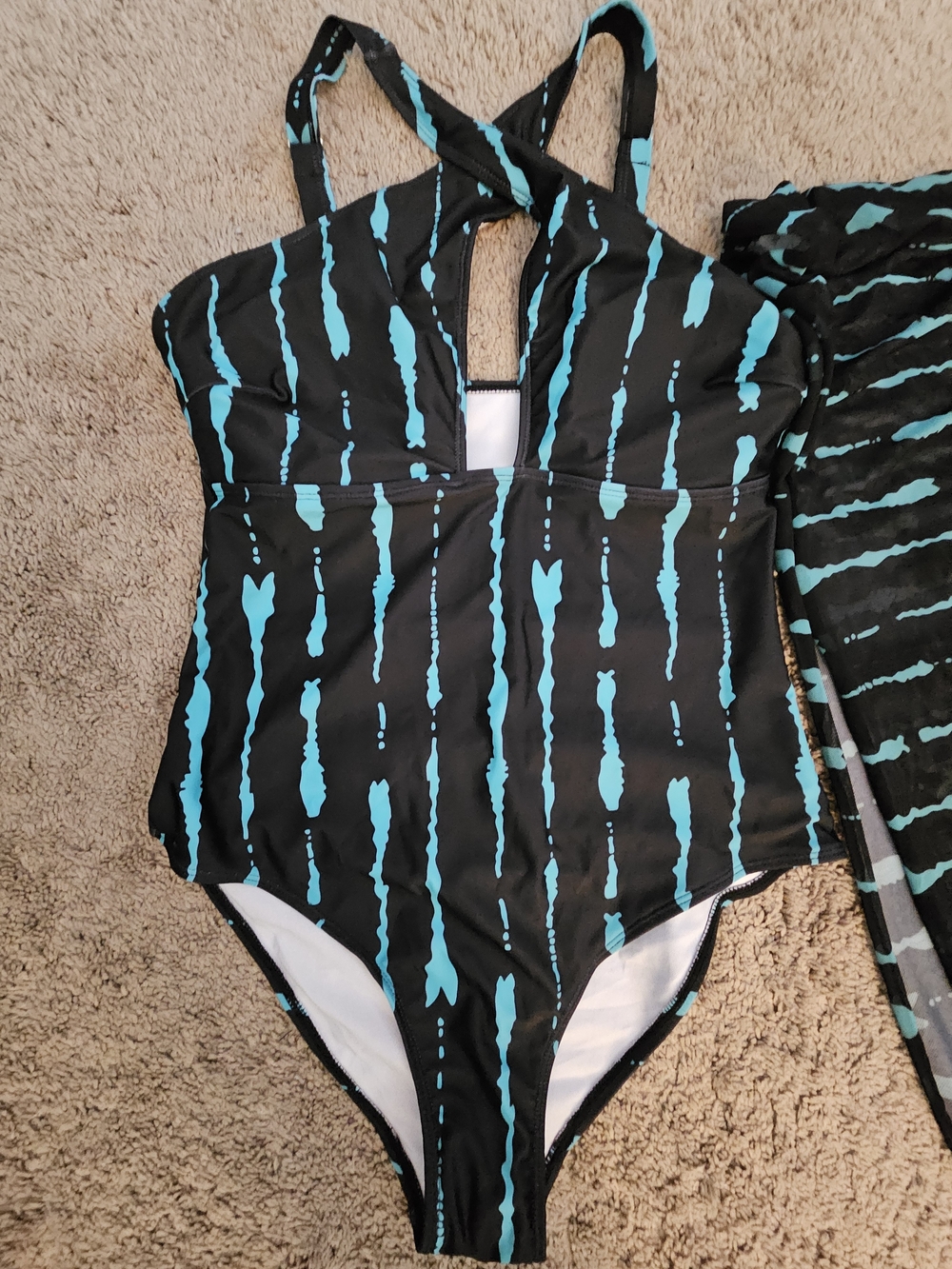 SHEIN Black One-Piece Swimsuit with Teal Stripe Accents
